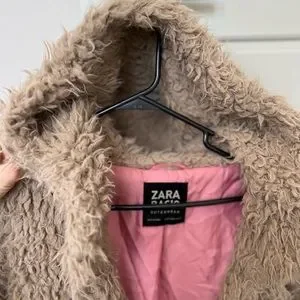 Short Pink Fur Jacket Zara ZARA Furry Teddy Coat, Size Small, Tan